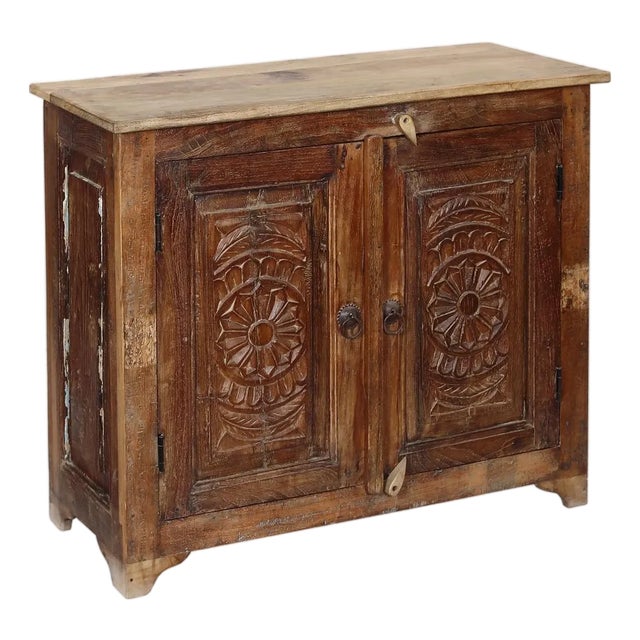 Two-Door Nightstand Made From Antique Indian Teakwood Architectural Elements For Sale