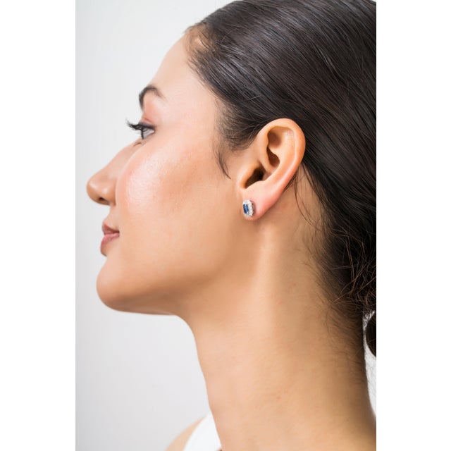 Timeless Emerald-Cut Blue Sapphire & Diamond Halo Stud Earrings 14k White Gold For Sale - Image 4 of 16