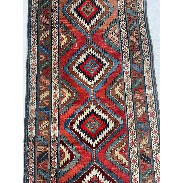 Textile ANTIQUE SHAHSAVAN Runner Variations of Rust to Sunset with Divine Blues Rug 3.6 x 10 For Sale - Image 7 of 9
