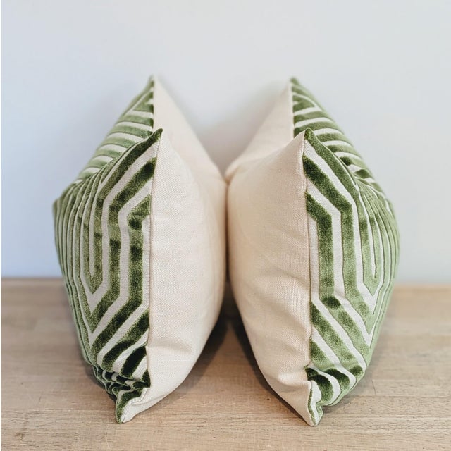 Transitional Schumacher Vanderbilt Velvet Lumbars in Lettuce Green For Sale - Image 3 of 6