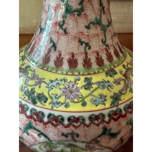 Chinese Famille Rose Porcelain Vase Circa 1940–1960 Hand Painted Floral Chinoiserie Qianlong Mark 14.5 Inch For Sale - Image 9 of 12