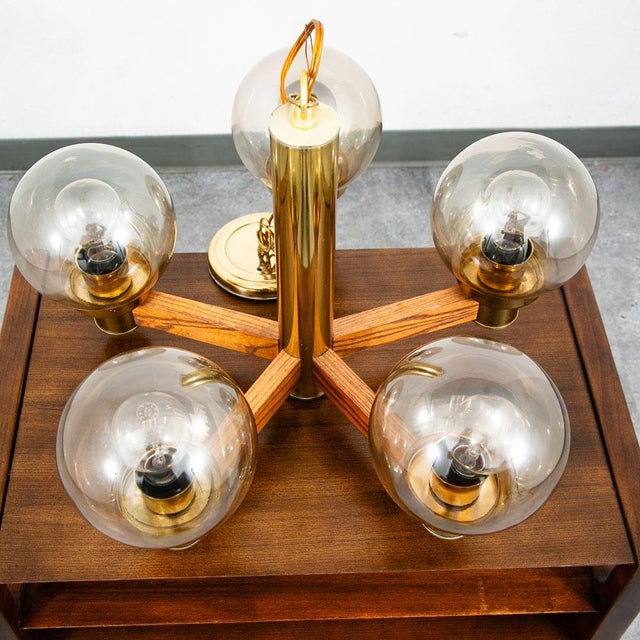 Wood 1960s Mid Century Modern Chandelier Light Lamp Brass Oak Wood 5 Light Ceiling Glass For Sale - Image 7 of 12