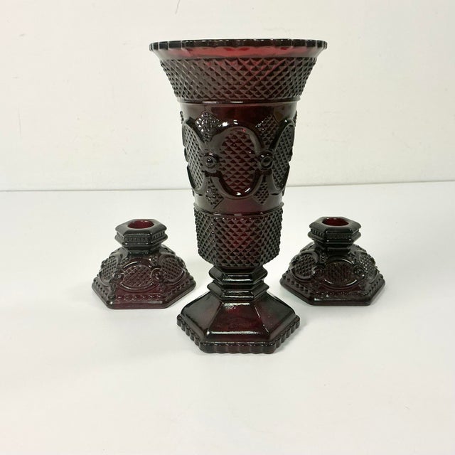 1970s Vintage Art Deco Depression Diamond Point Glass Centerpiece Candle Holders and Vase - Set of 3 For Sale - Image 9 of 12