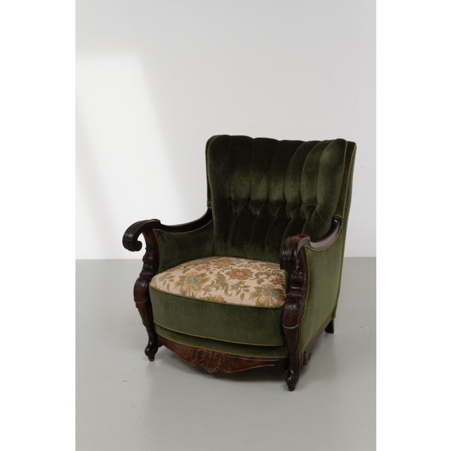 Danish Carved Lounge Chair in Green Velvet, 1920s For Sale - Image 4 of 18