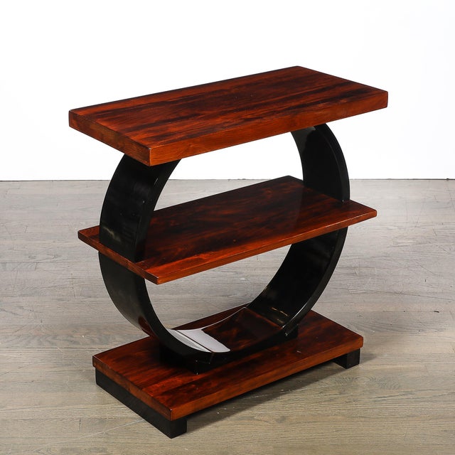 Black Art Deco Machine Age 3-Tier Walnut Side Table W/ Black Lacquer Round Support For Sale - Image 8 of 14
