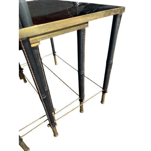 Stitched Leather and Brass Nesting Tables by Jacques Adnet, 1950s, Set of 3 For Sale - Image 6 of 9