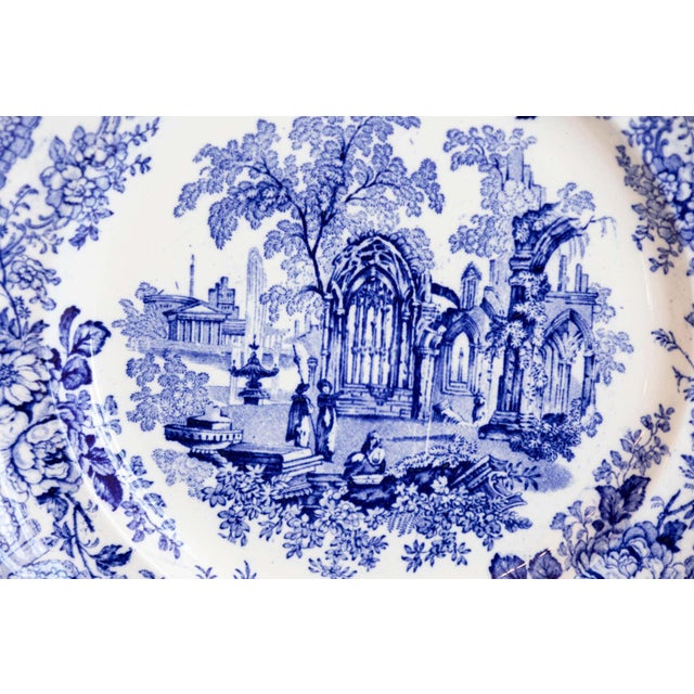 English Blue and White Transfer Plates with Gothic Ruins Motifs, 19th Century For Sale In Atlanta - Image 6 of 7