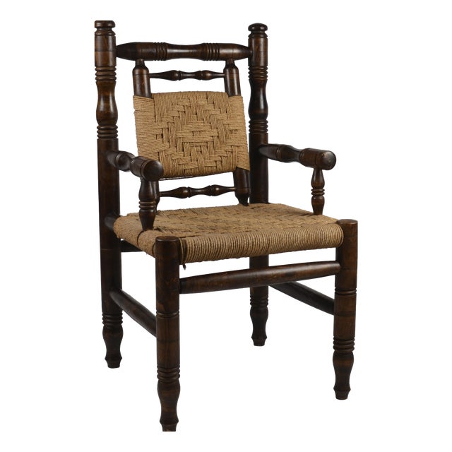 Mid-Century French Wood and Rope Woven Armchair, 1950s For Sale