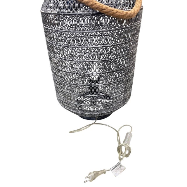Metal Vintage Industrial Mesh Lantern Table Lamp With Jute Rope Handle For Sale - Image 7 of 12