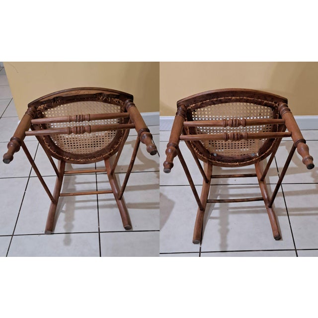 Antique 1800s Wood Chairs Pair Carved Back Recaned Seats Refinished For Sale - Image 12 of 13