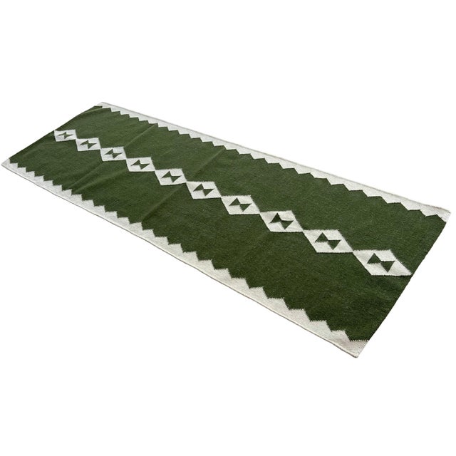 Handmade New Zealand Wool Dhurrie Runner, Olive Green and Cream Geometric Runner Rug- 3'x16' For Sale - Image 9 of 10