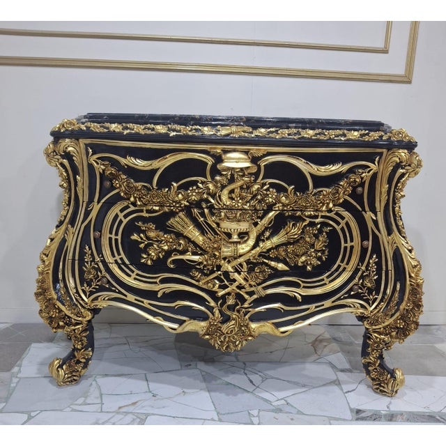 Rococo Vintage Louis XV Style Bombe Chest Black Marble Top For Sale - Image 3 of 10