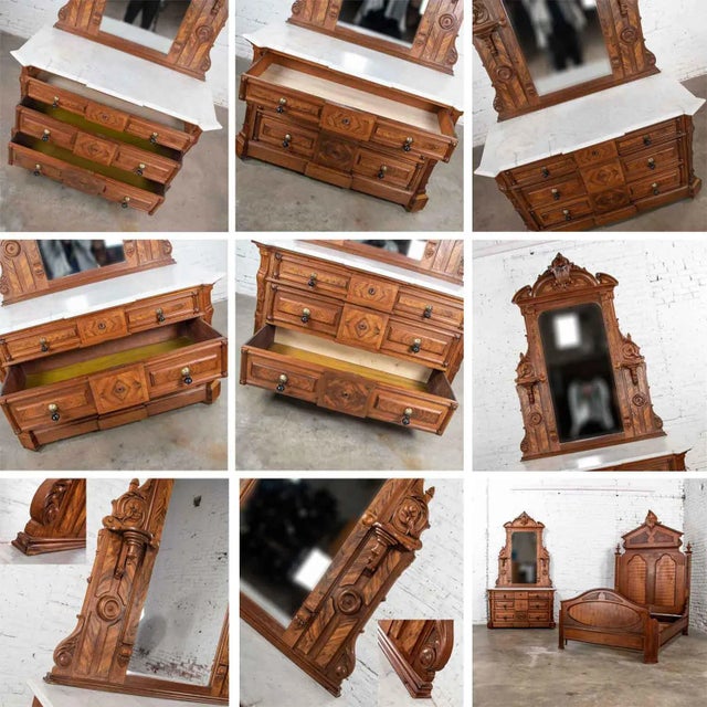 Antique Victorian Mirrored Dresser in Walnut & Burl Walnut With White Marble Top For Sale - Image 9 of 13