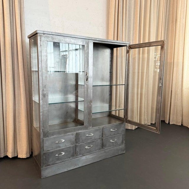 1940s Industrial Brushed Steel Double Wide Medical Apothecary Display Cabinet For Sale In New York - Image 6 of 11