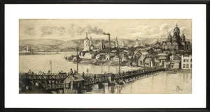 1920s "View of Tallinn, Estonia" Figurative Landscape Panoramic Charcoal Drawing, Framed