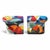 Two ceramic forms that work together as a functional bench, the surface carrying reds, oranges, teals, and greens across...