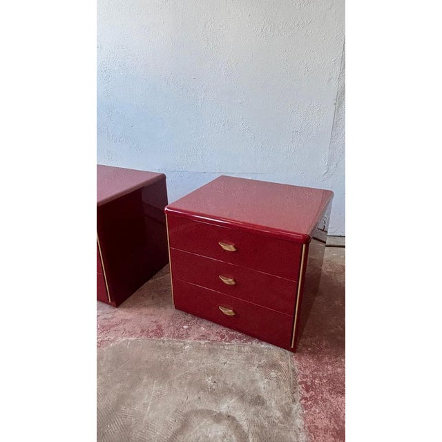 Hollywood Regency Vintage French Red Lacquer Bedside Tables, 1979, Set of 2 For Sale - Image 3 of 8