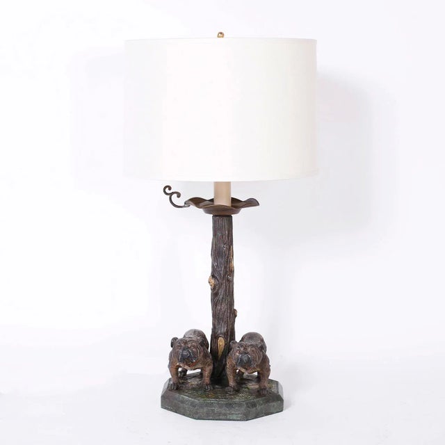 Metal Antique Cold Painted Bronze Table Lamp With Bulldogs For Sale - Image 7 of 7