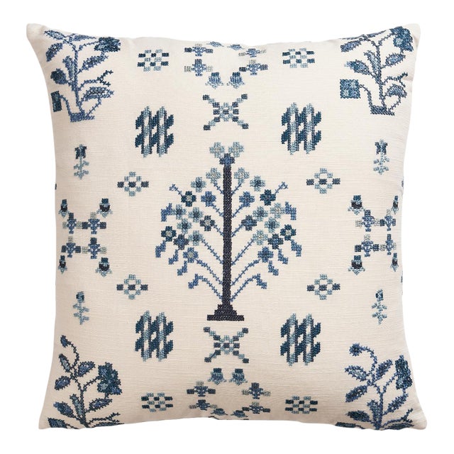 Schumacher Fairview Cross Stitch 20" Pillow In Indigo For Sale