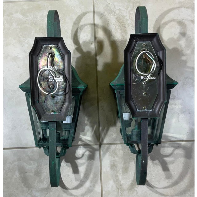 Pair of Vintage Solid Brass Outdoor Wall Lanterns - 22”h X 7”.5 W X 7”.5 D For Sale - Image 13 of 16