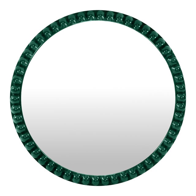 Varsha Round Oversized Beaded Mirror in Glossy Hunter Green For Sale