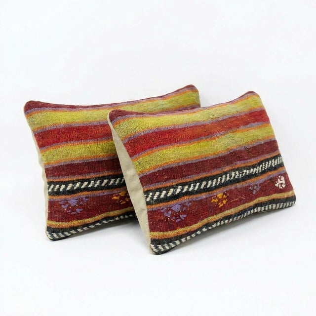 Mid-Century Modern Anatolian Kilim Lumbar Pillow Cover 12'' X 20'' - Set of Two For Sale - Image 3 of 4