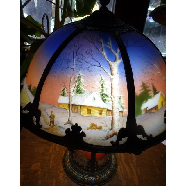Art Deco 1910s Miller Phoenix Art Deco Winter Landscape Reverse Painted Lamp – Ice Chip Glass – Illuminated Base – Penny Marshall Estate For Sale - Image 3 of 18