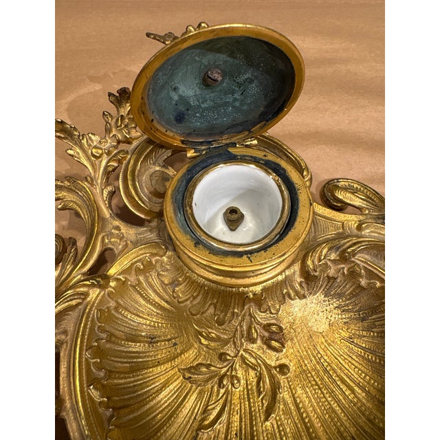 Metal Antique French Brass Inkwell & Stand For Sale - Image 7 of 7