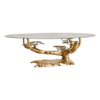 Belgian Brass Bonsai Coffee Table With Ellipse Glass Top Attributed to Willy Daro, 1970s For Sale