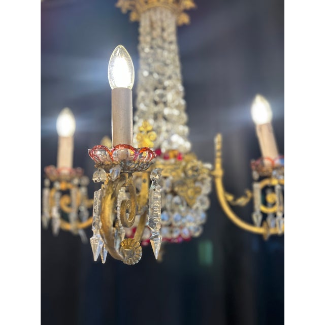 Gilt Bronze and Crystal 4-Light Chandelier with Enameled Glass Decoration, Early 20th Century For Sale - Image 5 of 12