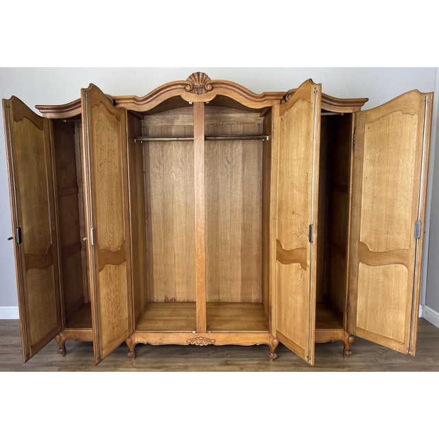 Vintage Louis XVI French Oak Four Door Carved Armoire For Sale - Image 10 of 11