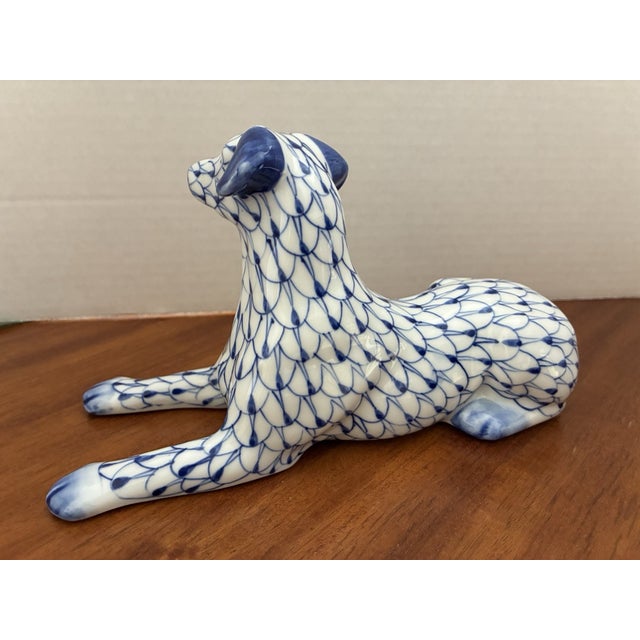 Herend Vintage Andrea by Sadek Herend Style Fishnet, Blue and White Dog Figurine For Sale - Image 4 of 7