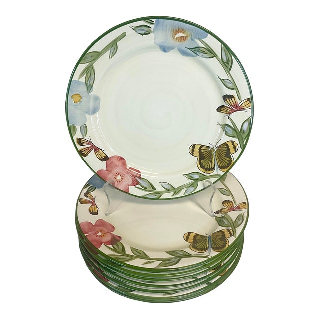 Vintage Arts & Crafts Boho Chic Botanical and Butterfly Dinner Plates - Set of 8 For Sale