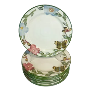 Vintage Arts & Crafts Boho Chic Botanical and Butterfly Dinner Plates - Set of 8.