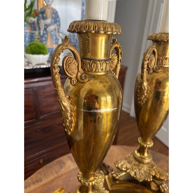 Metal Mid 19th Century Gilt Bronze Neoclassical Louis XVI Double Handle Urn Lamps With Paw Feet - A Pair For Sale - Image 7 of 12