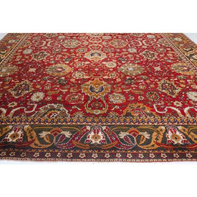 Red Authentic Indian Agra Bold Red Handmade Wool Carpet For Sale - Image 8 of 8