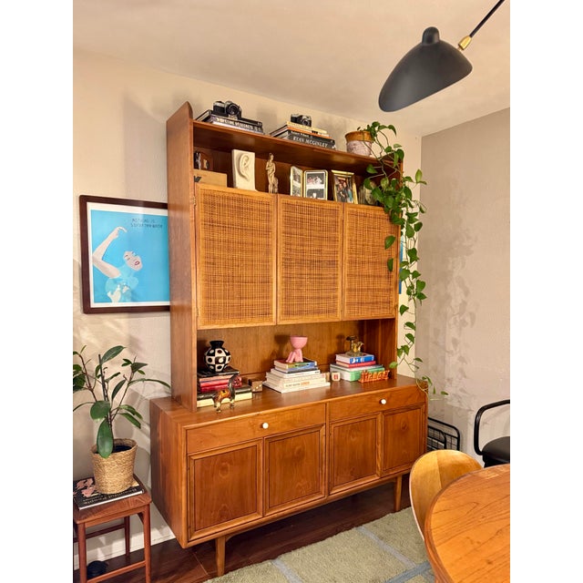 Mid-Century Modern A Beautiful Mid Century Modern Walnut and Cane Hutch Designed by Kipp Stewart for Drexels “Declaration” Line, Circa 1960s For Sale - Image 3 of 12