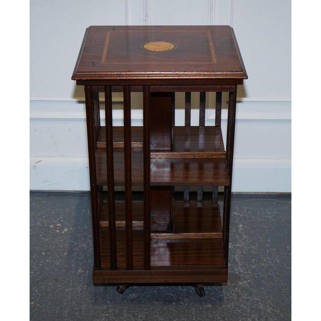 Gold Mid-Centry Sheraton Revival Inlaid Revolving Bookcase End Table on Castors For Sale - Image 8 of 17
