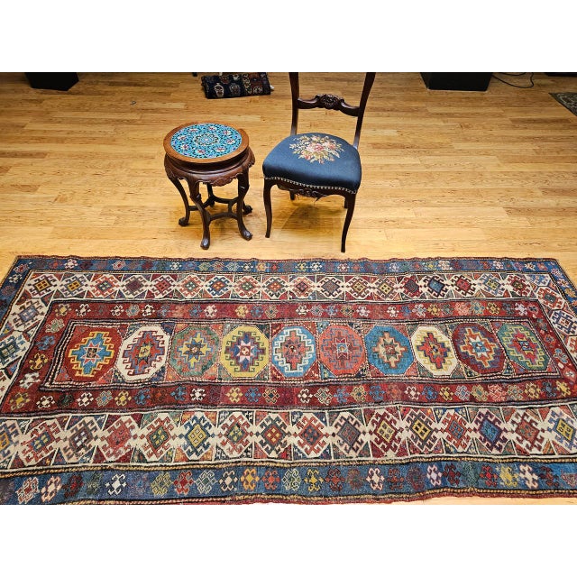 Textile Antique Caucasian Kazak Runner, Handwoven Wool, Medallion Geometric Design, 4' x 10' For Sale - Image 7 of 18