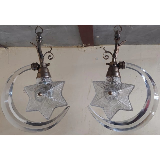 19th Century Antique Vintage Brass Star Crescent Moon Hanging Fixture Light by F & C Osler Glass Lamp - a Pair For Sale - Image 6 of 6