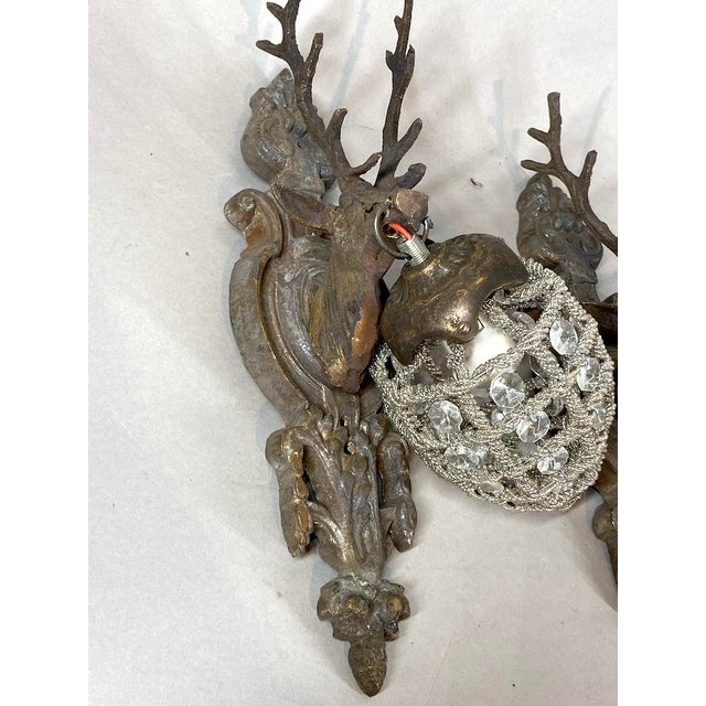 Charcoal Late 20th French Louis XVI Bronze Deer Wall Lamps Sconces Pair For Sale - Image 8 of 9