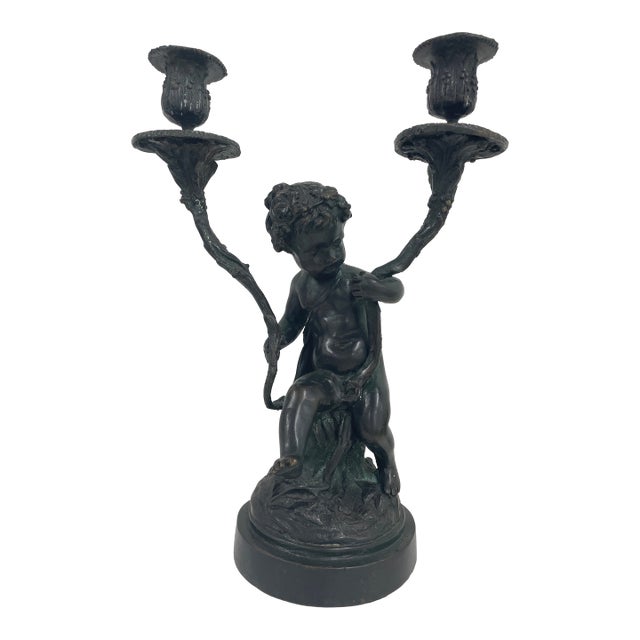 19th Century Italian Bronze and Iron Cherub Candelabra Sculpture For Sale