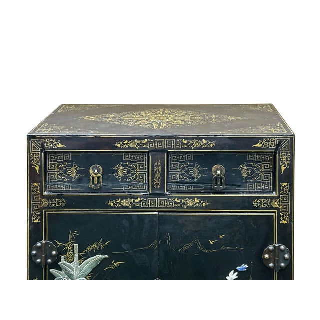 Black Vintage Chinoiseries Black & Stone Inlay Graphic End Table Nightstand For Sale - Image 8 of 15