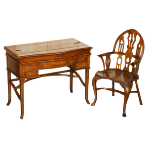 Secretaire Desk and Brown Leather Chair by Theodore Alexander, Set of 2