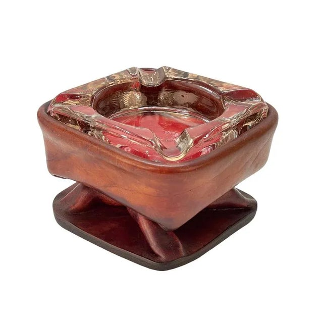 Jacques Adnet Mid-Century French Brown Leather and Glass Ashtray by Jacques Adnet, 1950s For Sale - Image 4 of 18