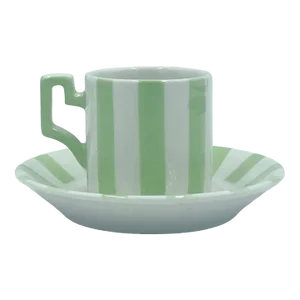 Vintage Bonwit Teller Green & White Stripe Porcelain Demitasse Cup & Saucer