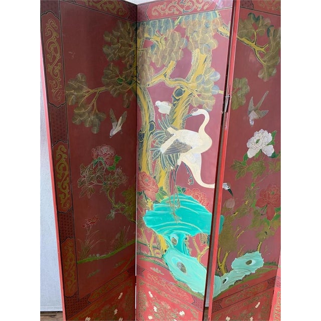Antique Oriental Asian Red Coromandel Six Panel Folding Screen Birds in Garden For Sale In Los Angeles - Image 6 of 16