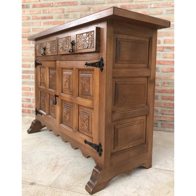 20th Century Catalan Baroque Carved Walnut Tuscan Two Drawers Credenza or Buffet For Sale - Image 4 of 9