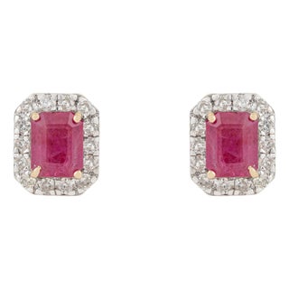 1.1ct Emerald Cut Mozambique Ruby Diamond Halo Stud Earrings in 14k Gold- A Pair For Sale
