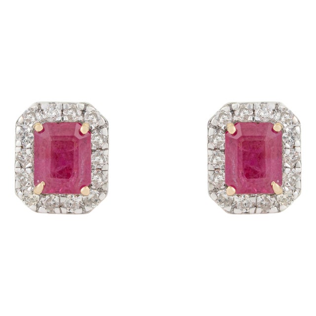 1.1ct Emerald Cut Mozambique Ruby Diamond Halo Stud Earrings in 14k Gold- A Pair For Sale